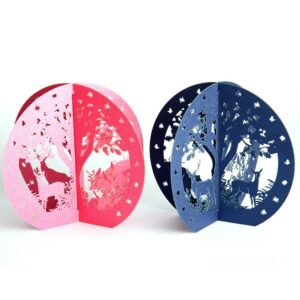 Sphère 2D "Animaux de la forêt", en papier rose et bleu découpé au laser.